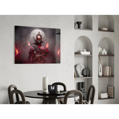 Fiery samurai warrior glass wall art with glowing red eyes