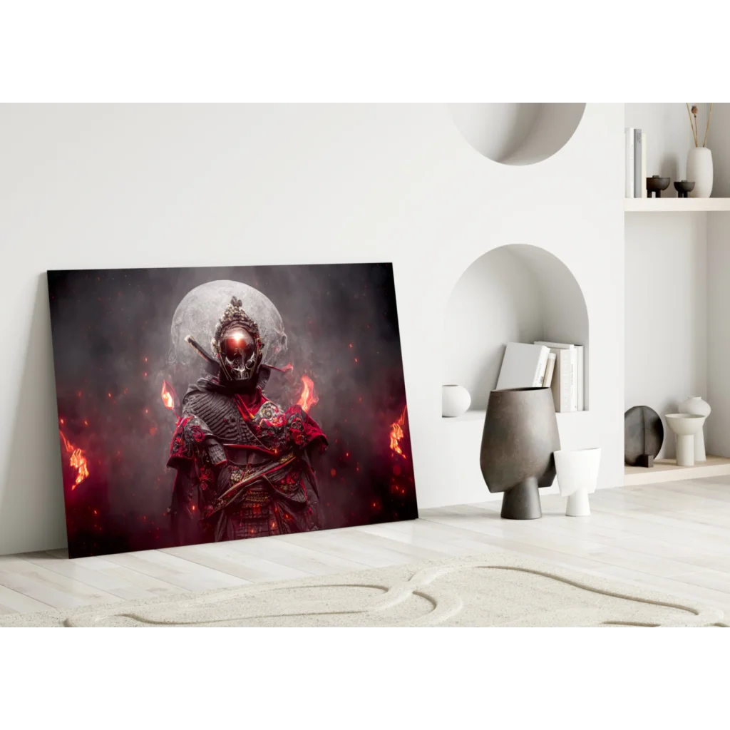 Fiery Samurai Warrior Glass Wall Art with Glowing Red Eyes | Modern Wall Art Decor | vintageantiquesgifts.com