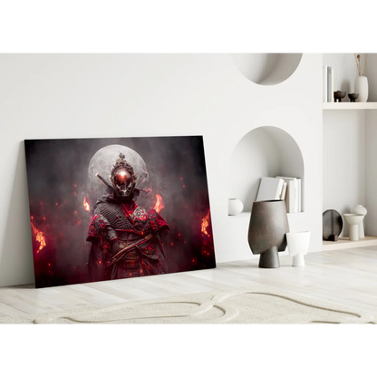 Fiery Samurai Warrior Glass Wall Art with Glowing Red Eyes | Modern Wall Art Decor | vintageantiquesgifts.com