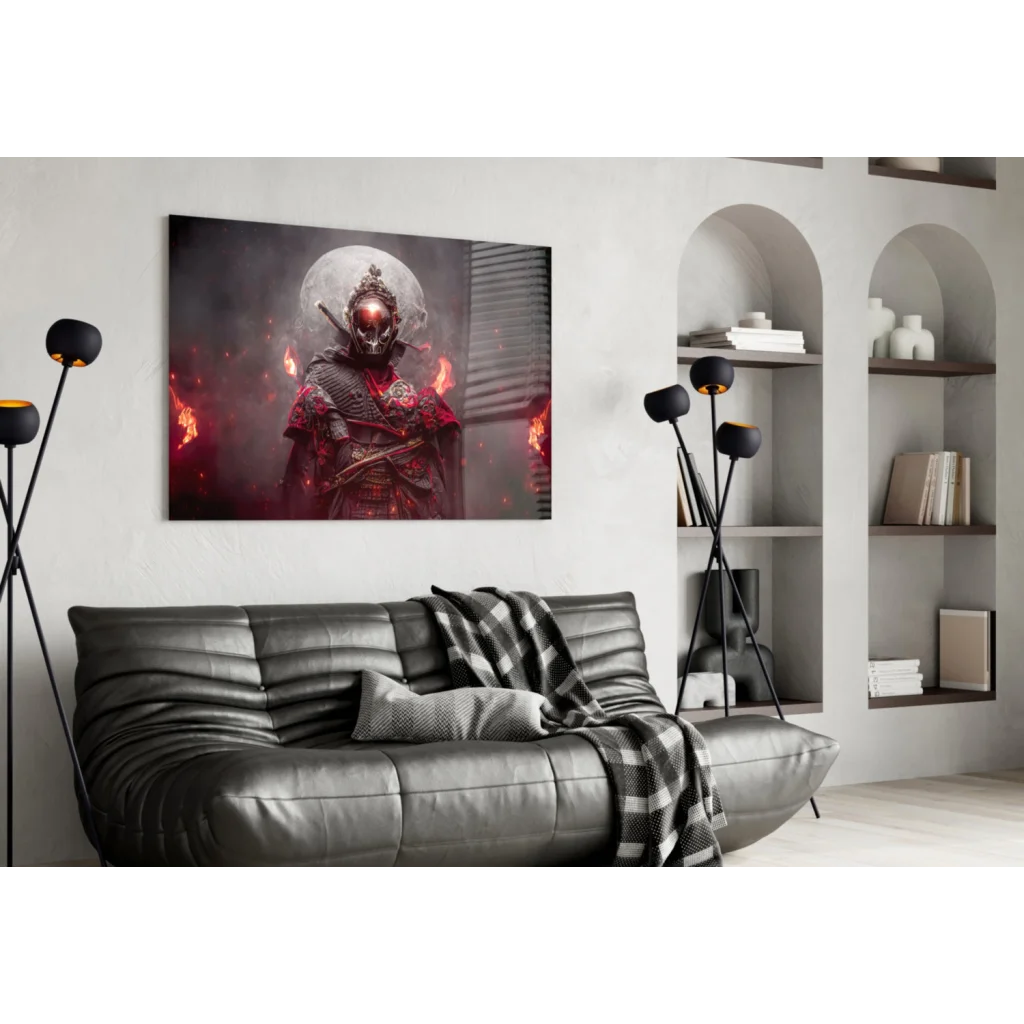 Fiery Samurai Warrior Glass Wall Art with Glowing Red Eyes | Contemporary Home Wall Art | vintageantiquesgifts.com