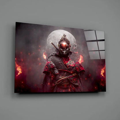 Fiery Samurai Warrior Glass Wall Art with Glowing Red Eyes | Glass Wall Art Print | vintageantiquesgifts.com