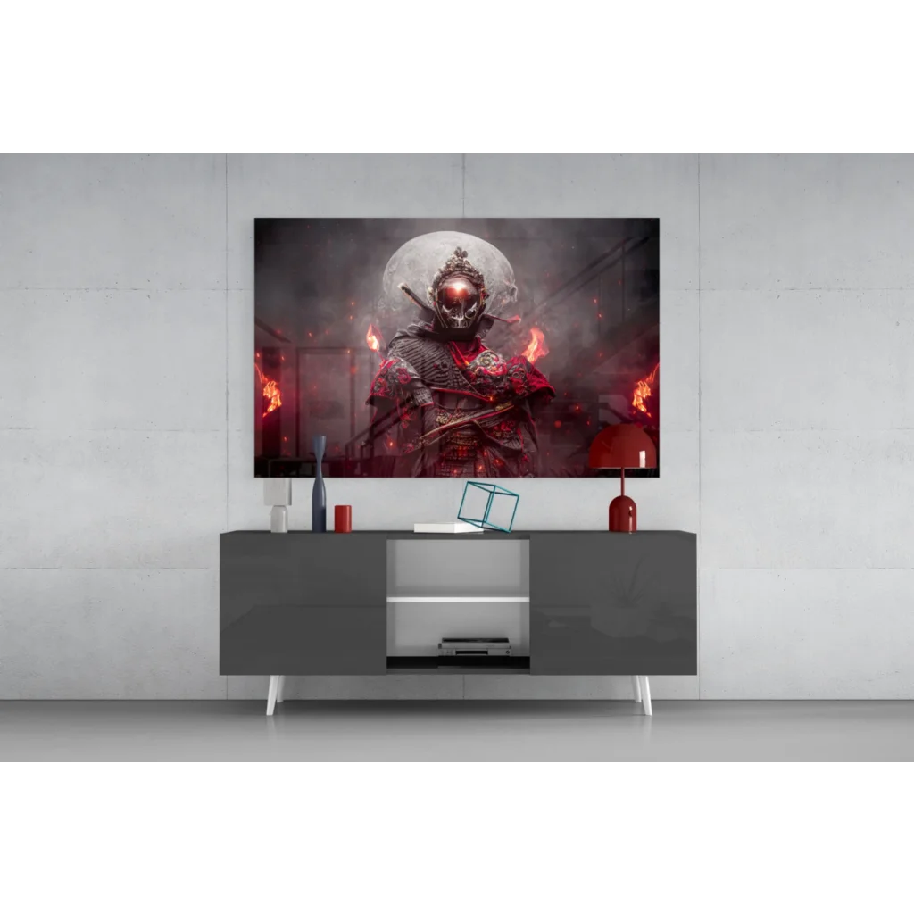 Fiery samurai warrior glass wall art with glowing red eyes
