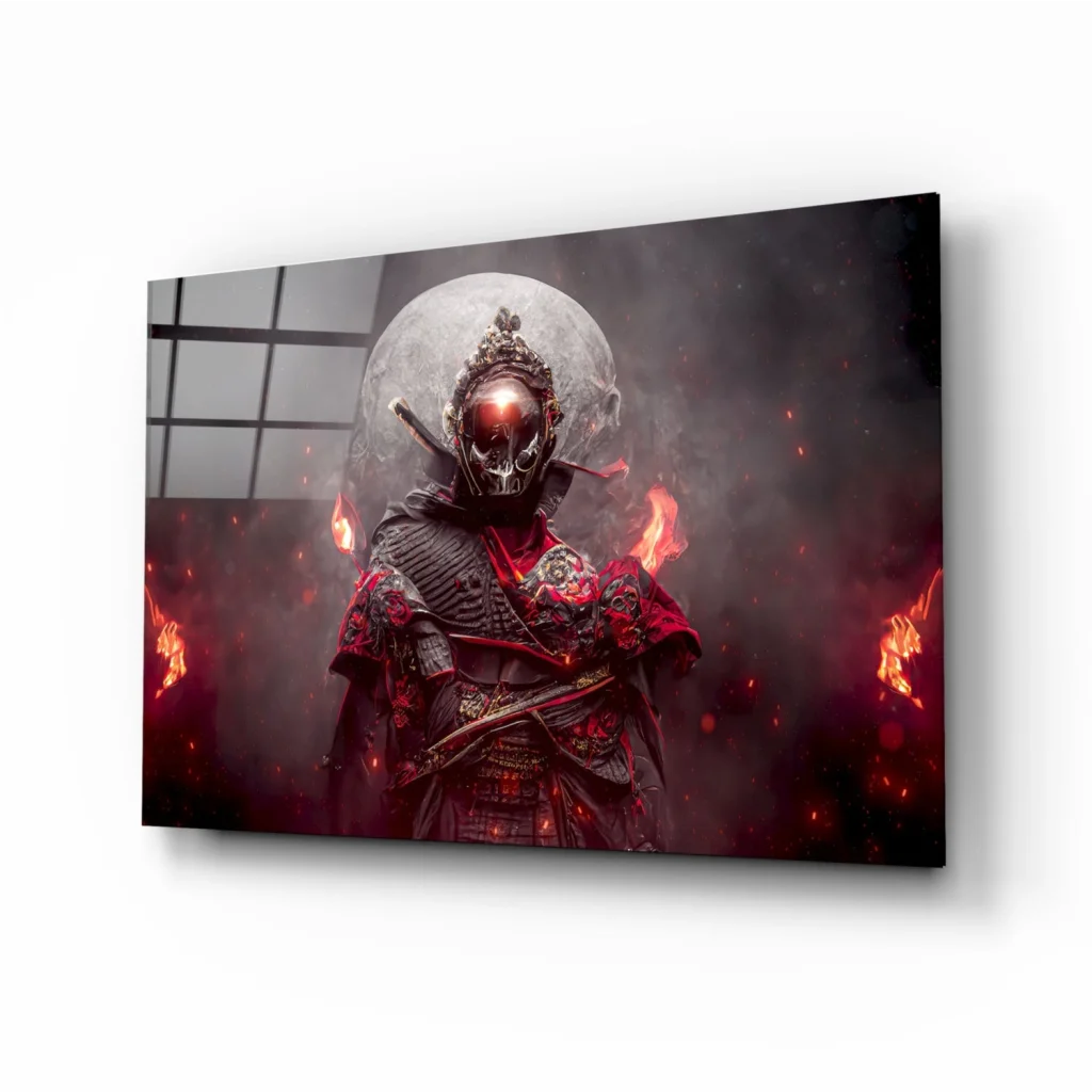 Fiery Samurai Warrior Glass Wall Art with Glowing Red Eyes | Insigneart USA | vintageantiquesgifts.com