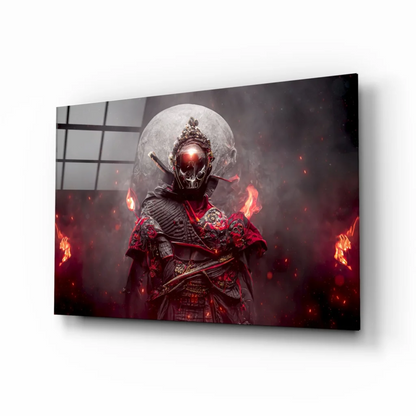 Fiery Samurai Warrior Glass Wall Art with Glowing Red Eyes | Insigneart USA | vintageantiquesgifts.com