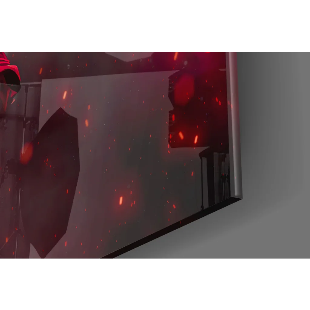 Fiery samurai warrior glass wall art on sleek monitor with glowing red eyes