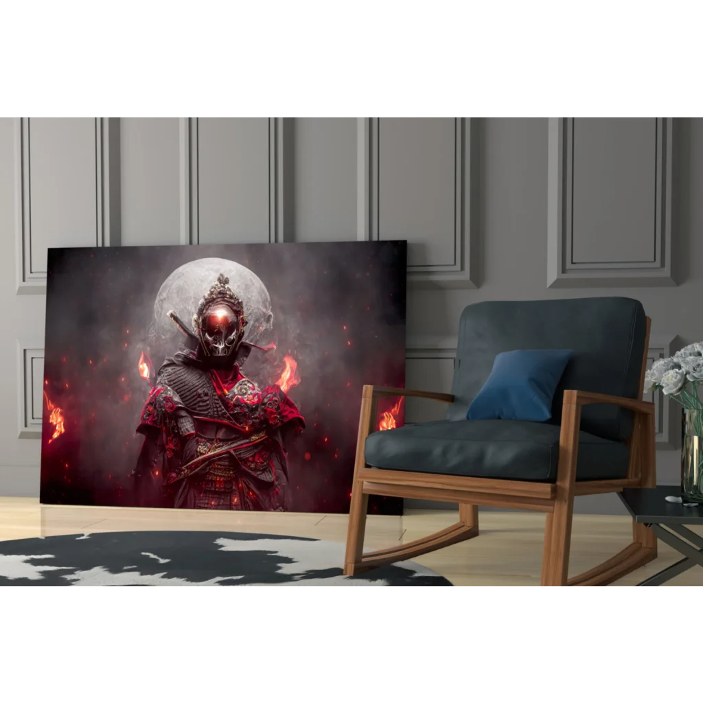 Fiery skeletal samurai in black-red armor on glass wall art