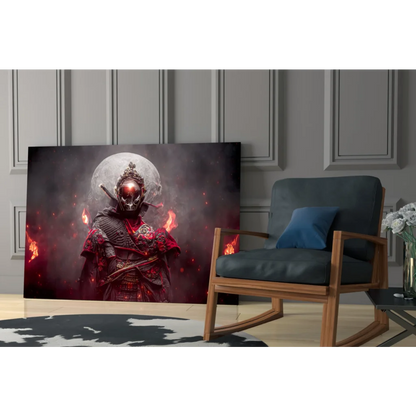Fiery skeletal samurai in black-red armor on glass wall art