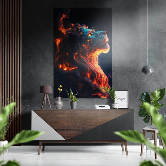 Fiery lion head in orange blue flames on brushed aluminium dibond wall art
