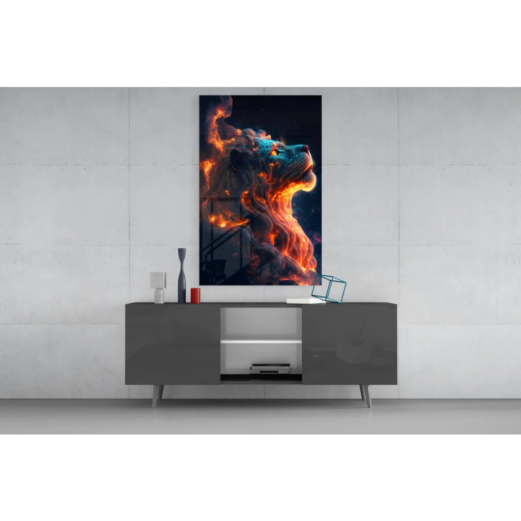 Fiery lion glass wall art with blazing cosmic flames