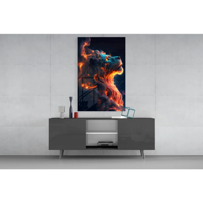 Fiery lion glass wall art with blazing cosmic flames