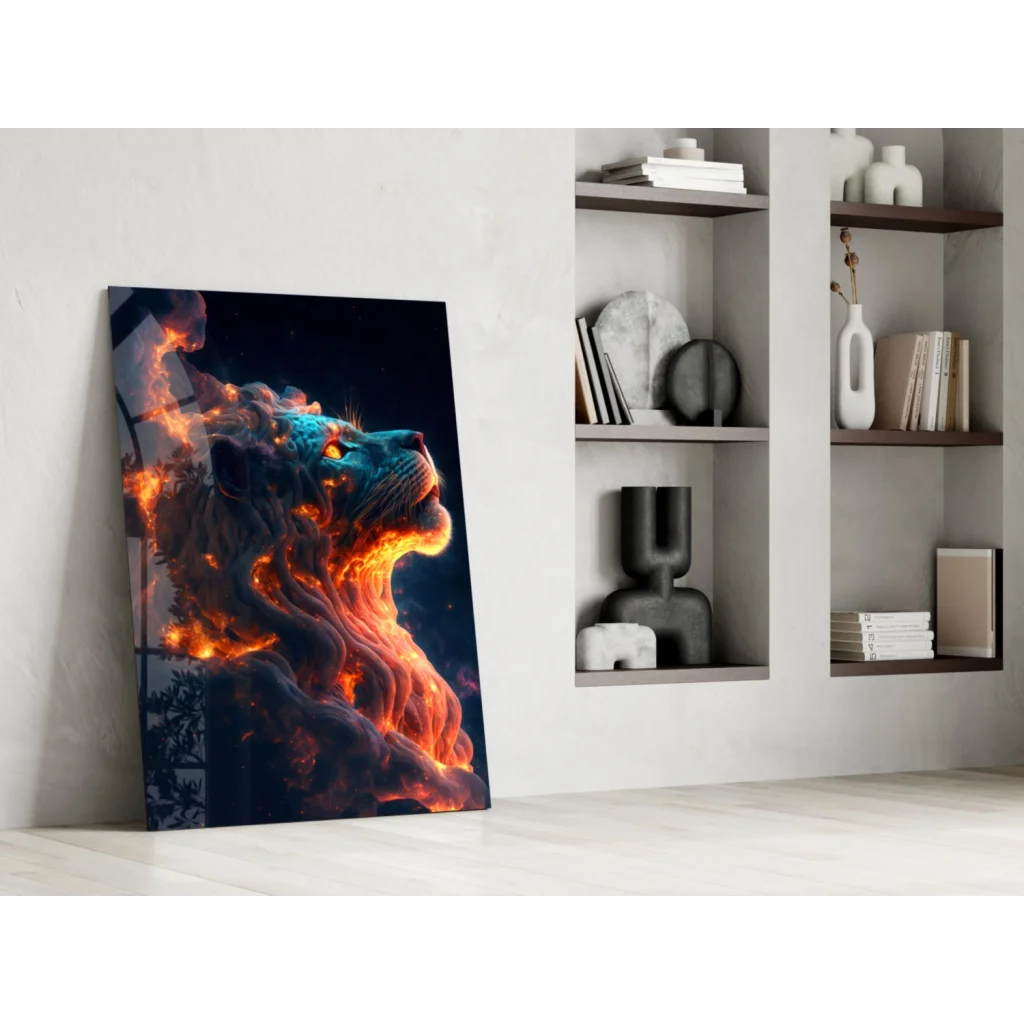 Fiery lion glass wall art with blazing cosmic flames on white wall