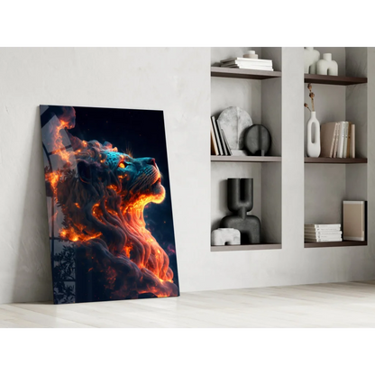 Fiery lion glass wall art with blazing cosmic flames on white wall