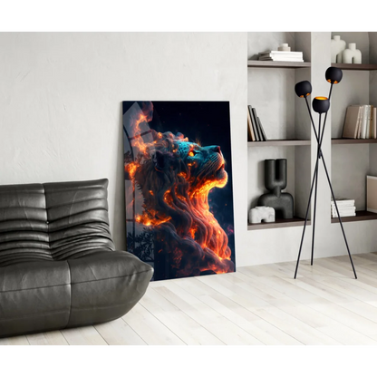 Fiery lion glass wall art with blazing cosmic flames on black canvas