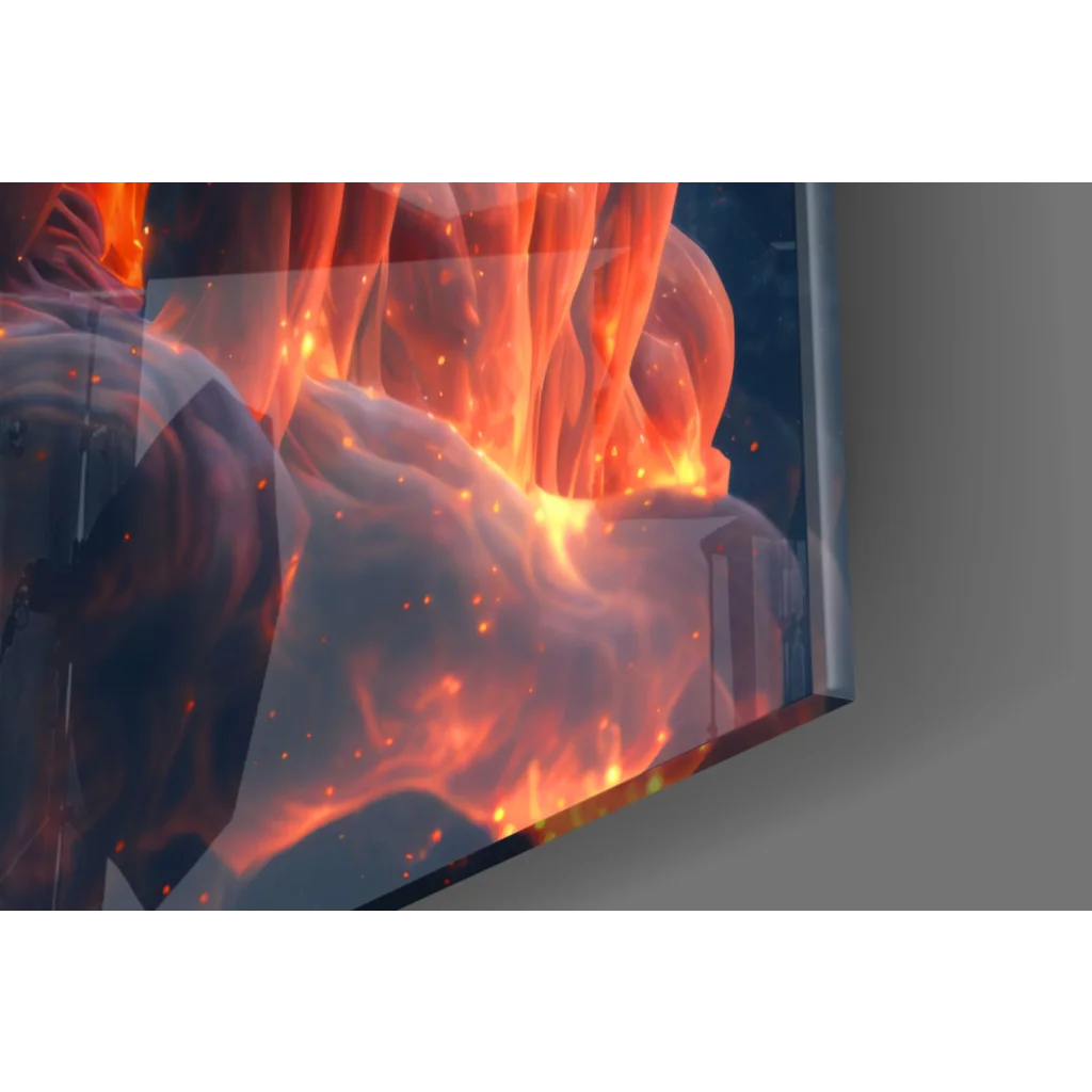 Fiery Lion glass wall art with blazing cosmic flames on modern monitor