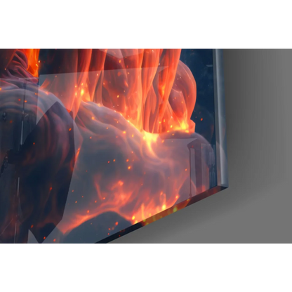 Fiery Lion glass wall art with blazing cosmic flames on modern monitor
