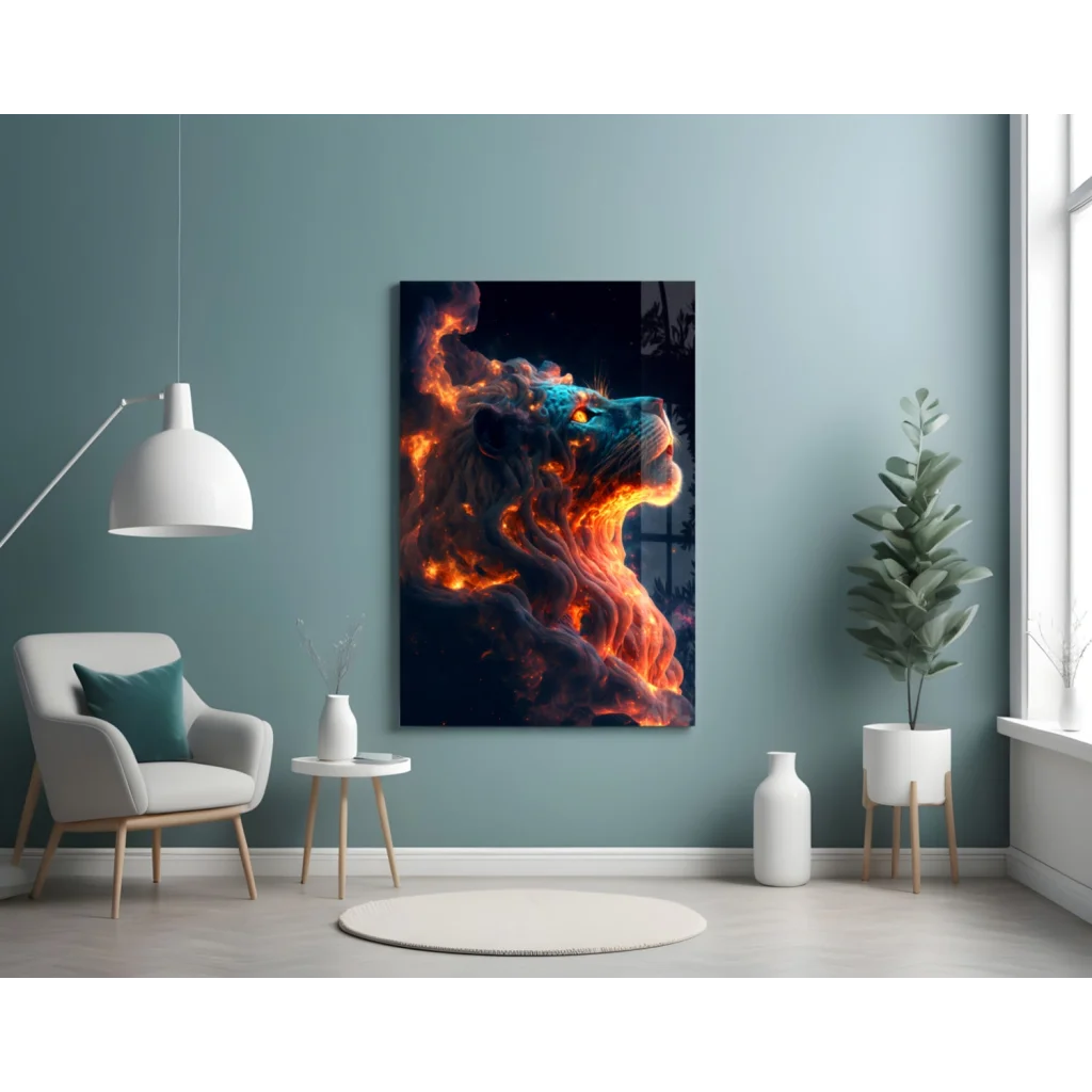 Fiery lion glass wall art with swirling orange blue flames on teal wall