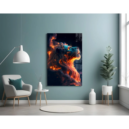 Fiery lion glass wall art with swirling orange blue flames on teal wall