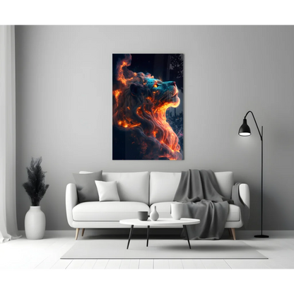 Fiery lion glass wall art with blazing cosmic flames