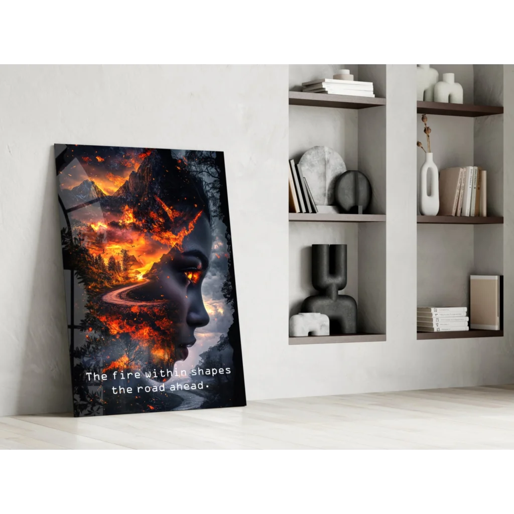 Fiery mountain glass wall art with black-orange silhouette and quote