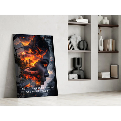 Fiery mountain glass wall art with black-orange silhouette and quote