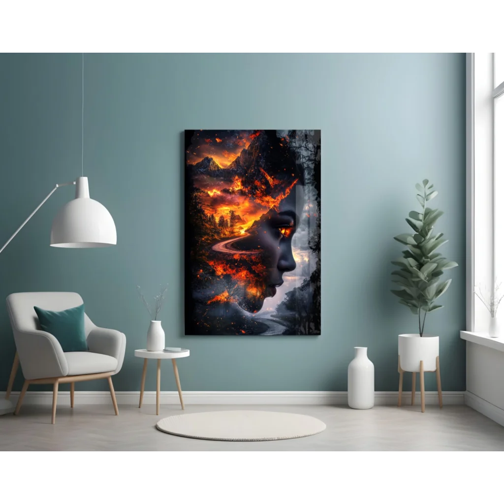 Fiery Surreal Portrait Glass Wall Art Canvas Print | Contemporary Home Wall Art | vintageantiquesgifts.com