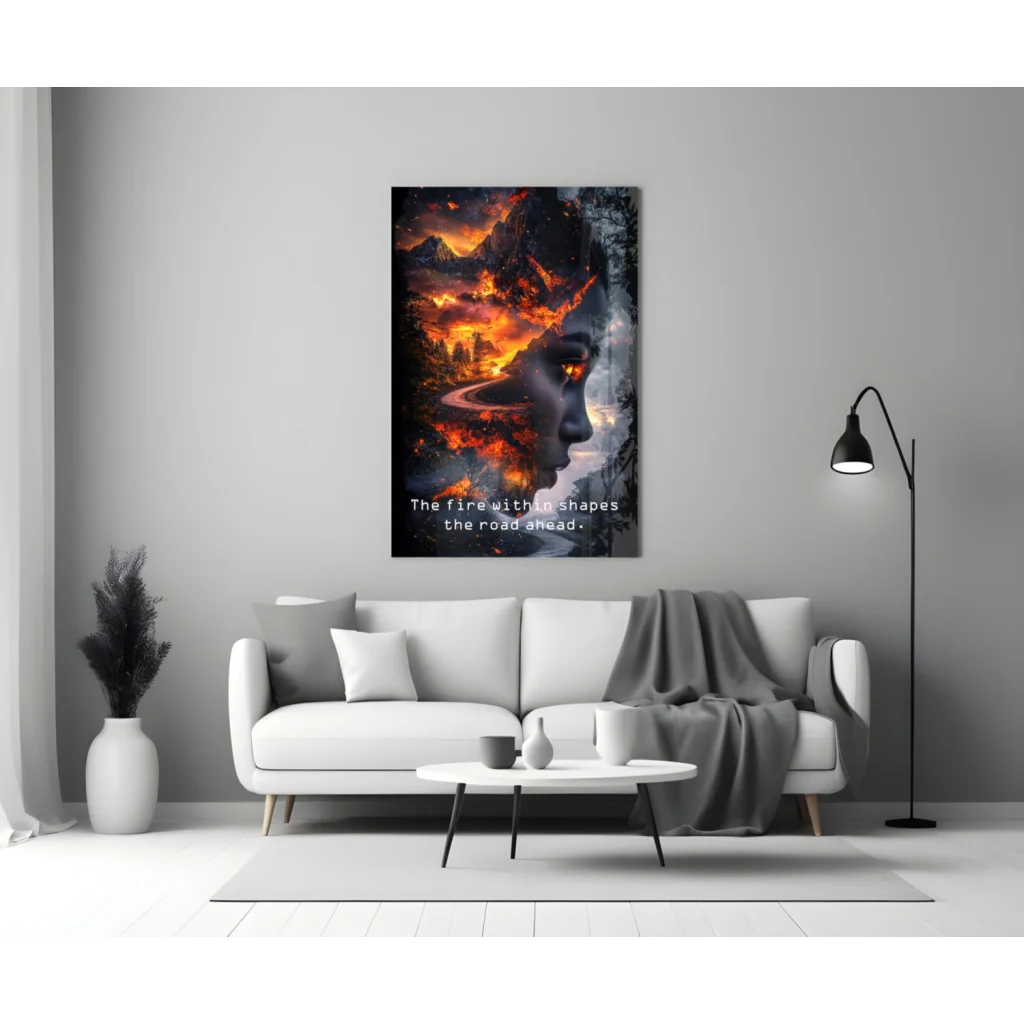 Fiery mountain glass wall art with orange-black silhouette and quote