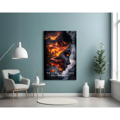 Fiery mountain glass wall art with silhouette and quote