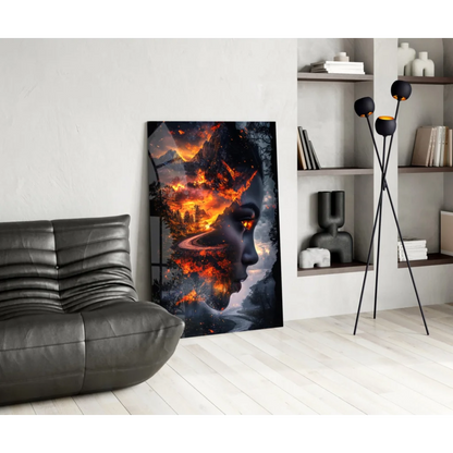 Fiery surreal portrait glass wall art canvas print with flames and mountains