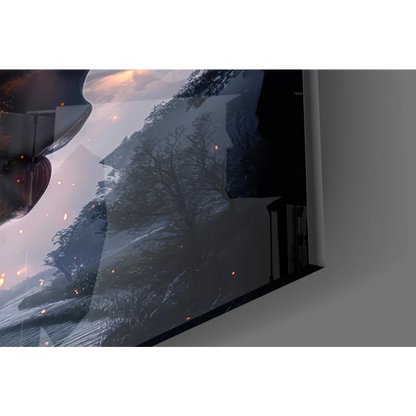 Sleek curved glass wall art TV with fiery mountain embers