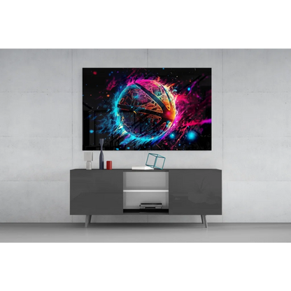 Glowing multi-colored basketball in cosmic bursts, neon wall art above gray console