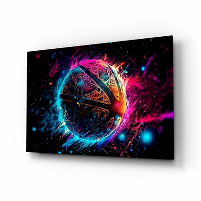 Vibrant neon cosmic sphere wall art canvas with electric bursts