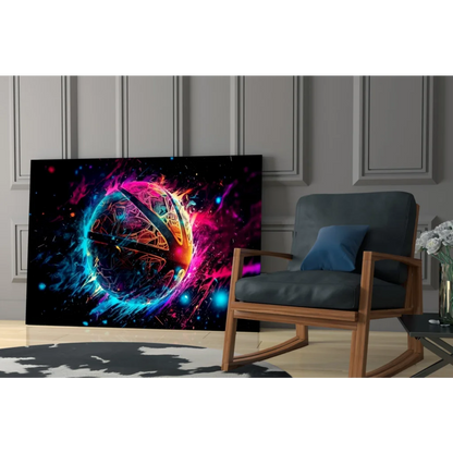 Vibrant neon cosmic sphere wall art canvas print with glowing patterns