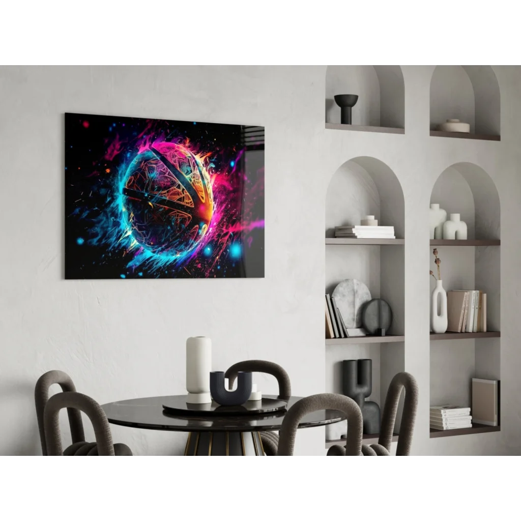 Vibrant neon cosmic sphere glass wall art with fiery bursts