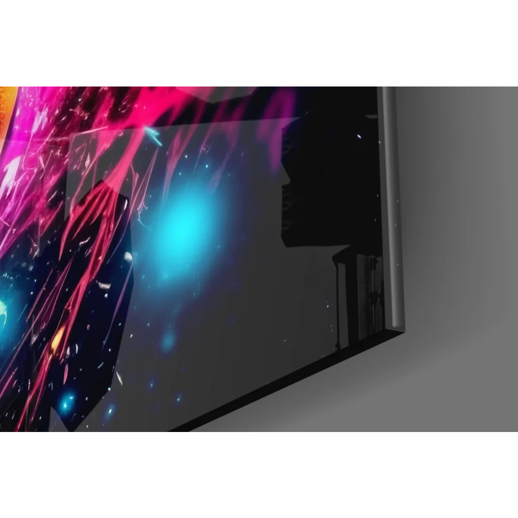 Sleek cosmic TV in silver frame as vibrant glass wall art