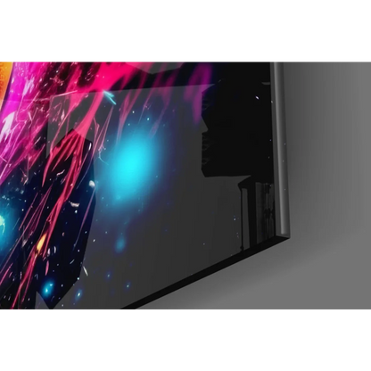 Sleek cosmic TV in silver frame as vibrant glass wall art