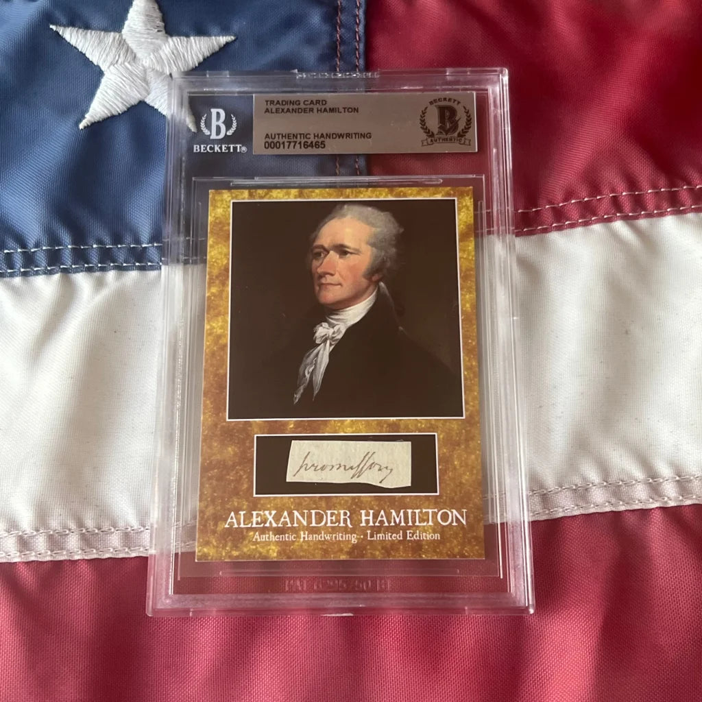 Alexander Hamilton trading card with authentic Hamilton words from the First Ever Beckett Graded Authentic Piece