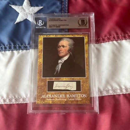 Alexander Hamilton trading card with authentic Hamilton words from the First Ever Beckett Graded Authentic Piece
