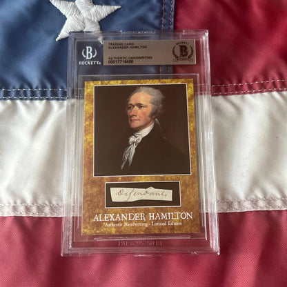 Graded Alexander Hamilton trading card with Hamilton words and authentic piece