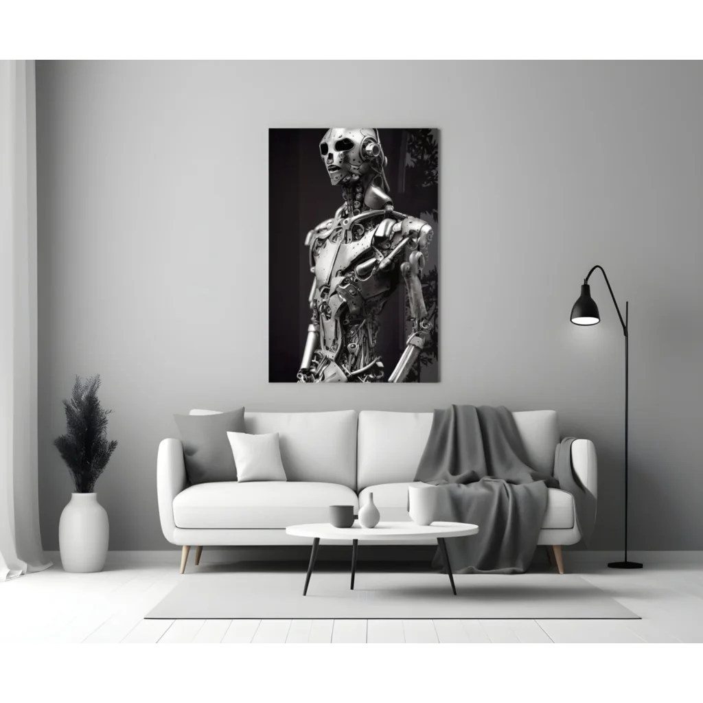 Black-and-white glass wall art of futuristic robot skull