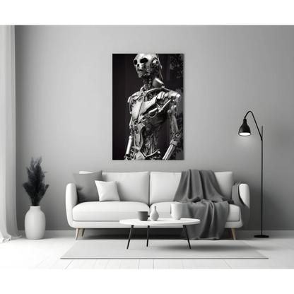 Black-and-white glass wall art of futuristic robot skull