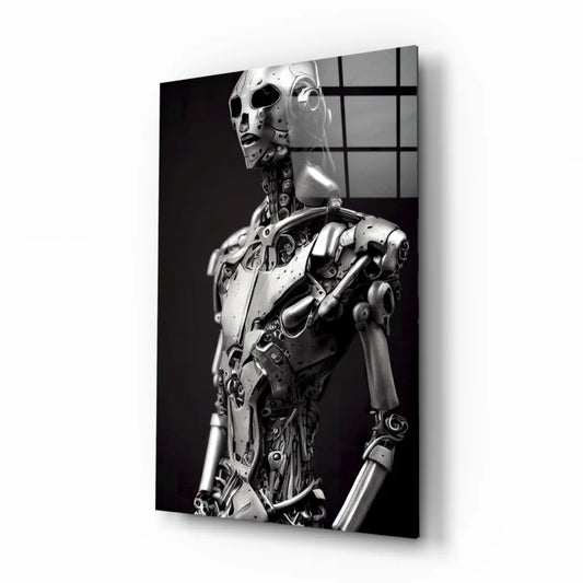 Sleek monochrome robot skull glass wall art with metallic joints