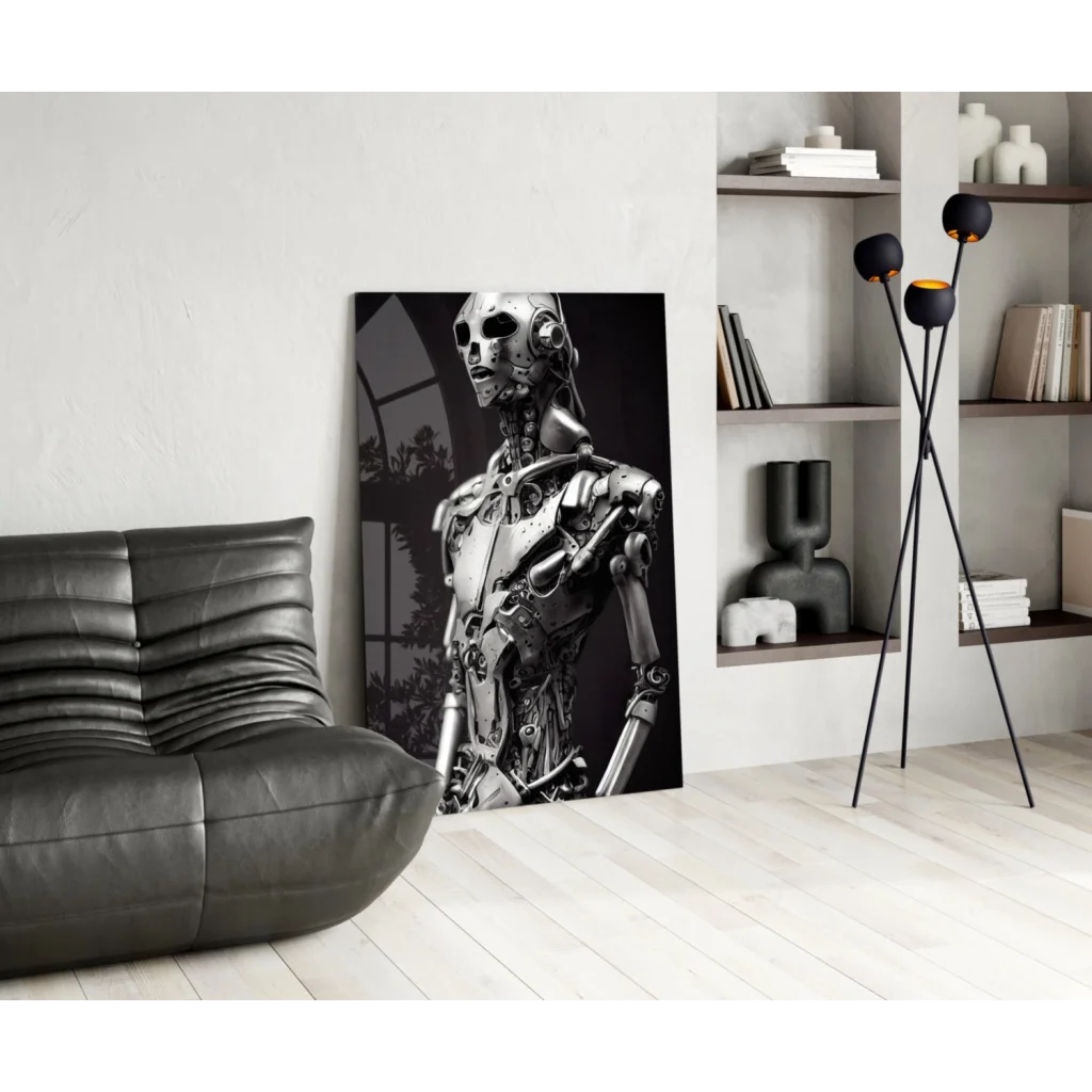 Black-and-white futuristic robot skull glass wall art with exposed gears