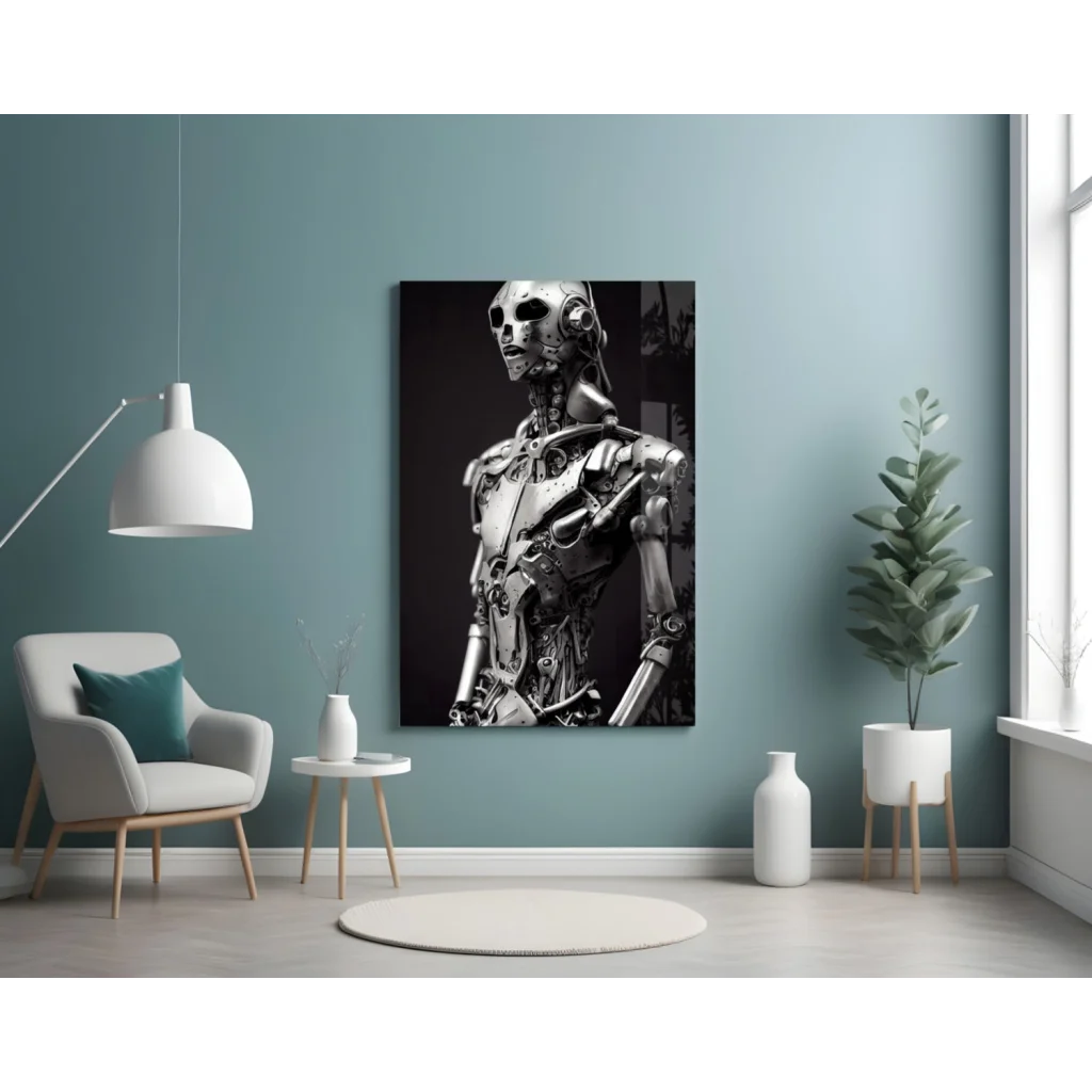 Black-and-white metallic robot skull on glass wall art