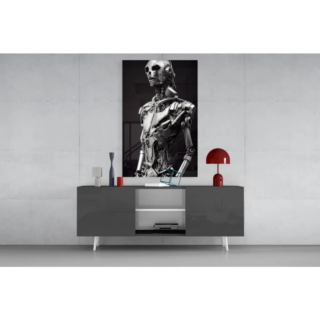 Futuristic robot skull glass wall art in black and white