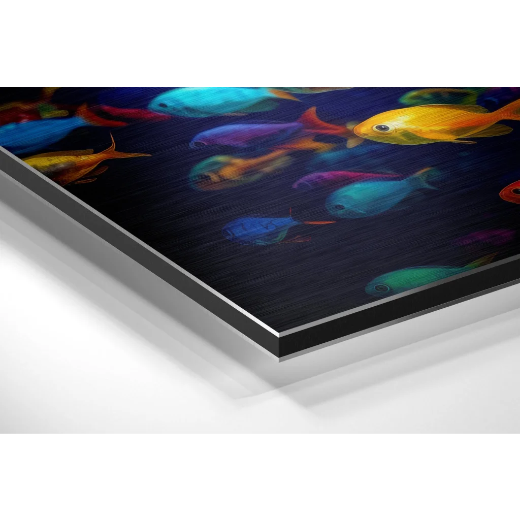 Vibrant multicolored fish on brushed aluminium dibond print