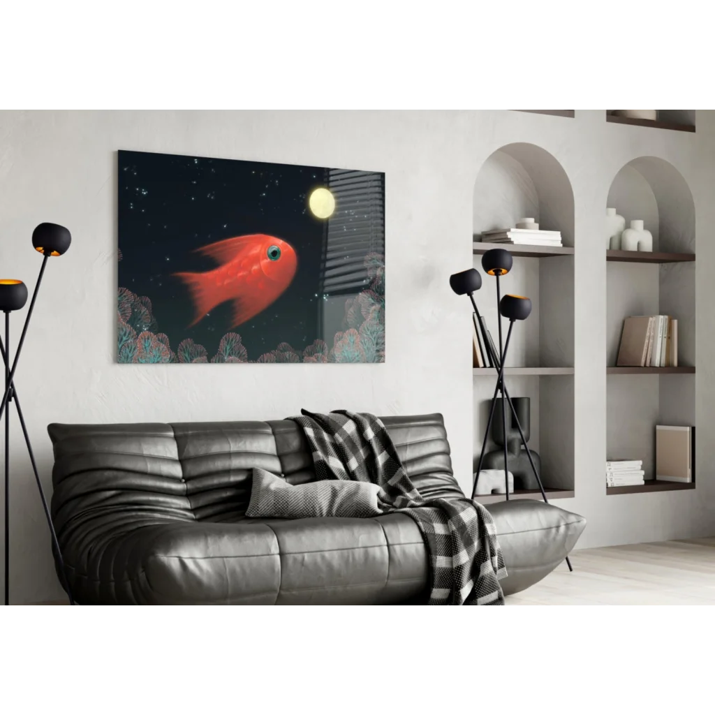 Vibrant red fish in starry night wall art canvas for modern rooms