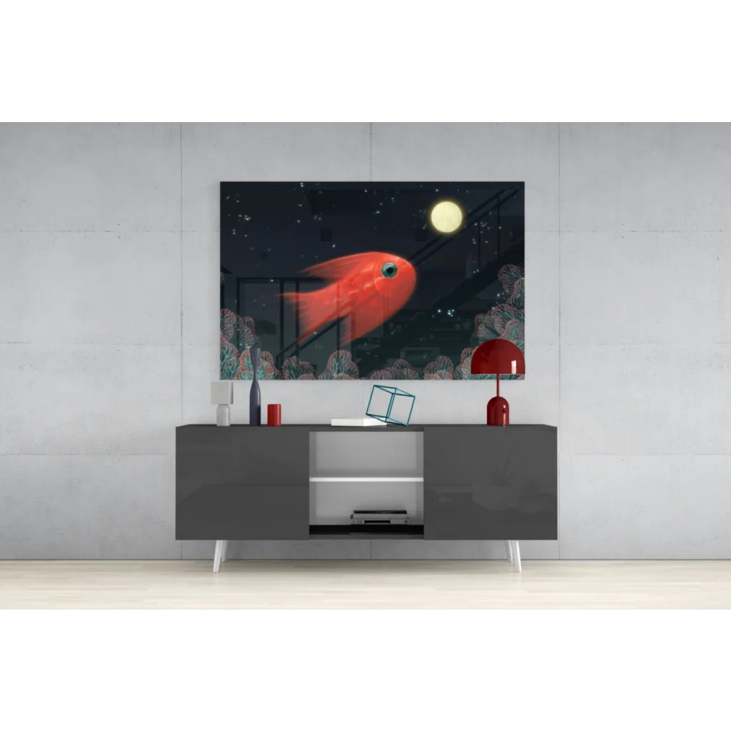 Vibrant red fish under glowing moon in starry night wall art canvas