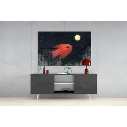 Vibrant red fish under glowing moon in starry night wall art canvas