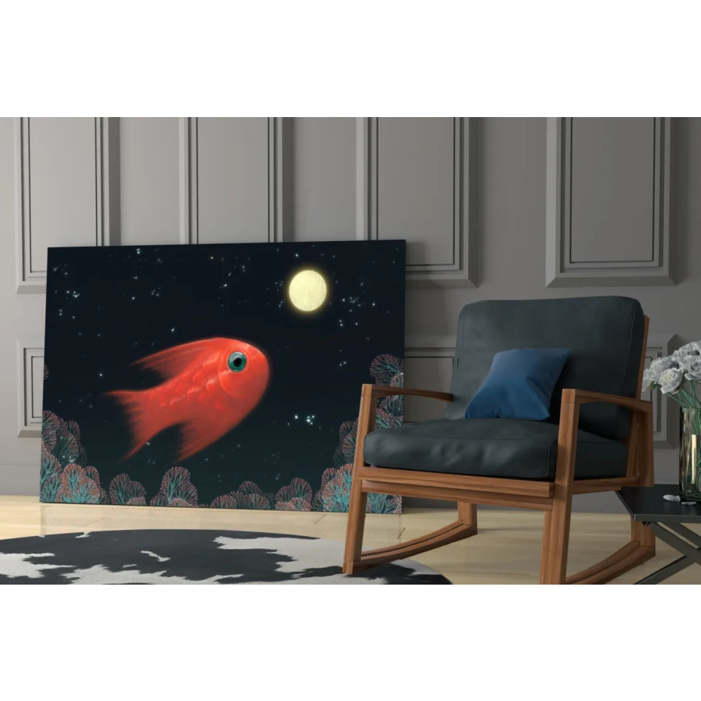Red fish in starry night canvas wall art with glowing moon