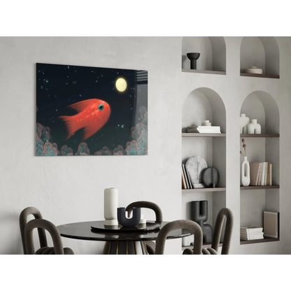 Vibrant red fish starry night wall art with glowing moon and stars